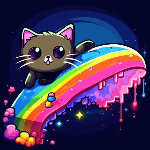 Colorful cartoon cat flying through space with a rainbow trail behind it.