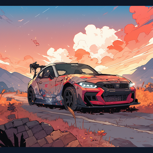 Post-apocalyptic sports car with detailed lines and an anime aesthetic.
