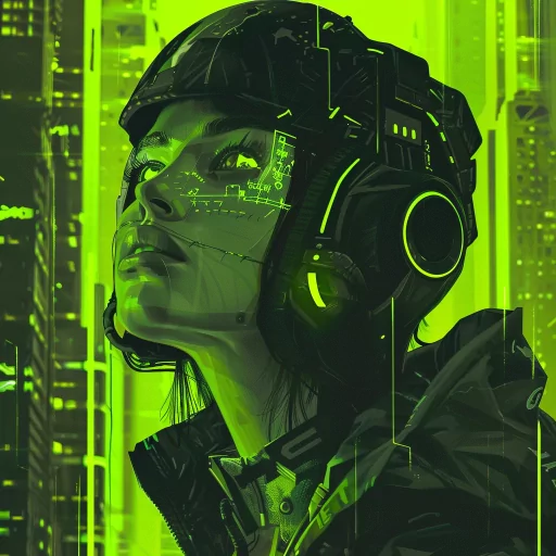 Cyberpunk-themed profile picture featuring an individual with futuristic helmet and headphones set against a neon green matrix-like backdrop.