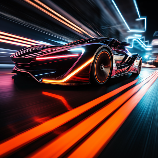 Hypercar zooming through the night with vibrant light trails.