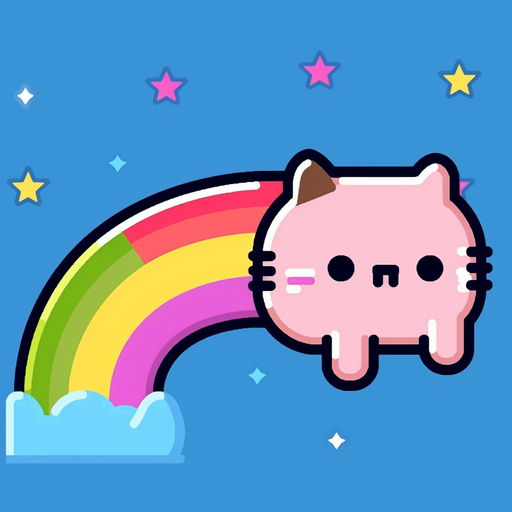 Colorful cat with a Pop-Tart body, rainbow trail, and a smile, floating in outer space.
