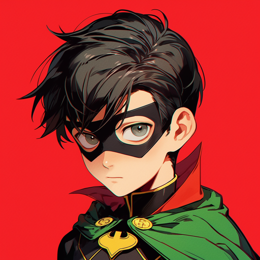 Robin boy wearing a striking red outfit on a dark green and yellow background.