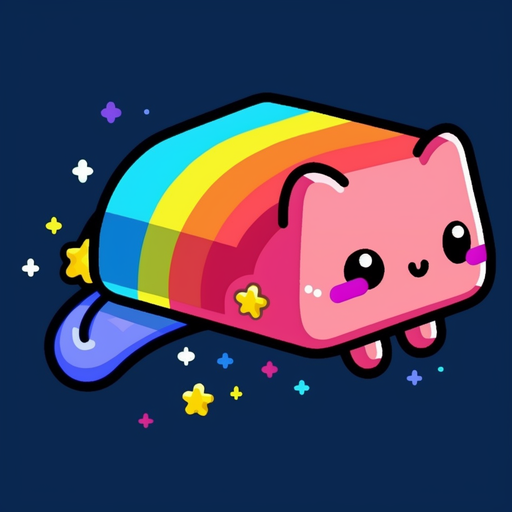 A smiling, rainbow-colored cat with a pop-tart body and pixel art style.