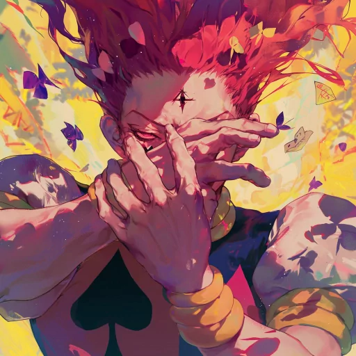Colorful anime-style avatar of a character with a playful expression, featuring bright red hair and a spade symbol on their outfit, surrounded by fluttering petals. Ideal for a Hisoka-themed profile picture.
