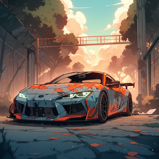 Post-apocalyptic sports car with detailed lines and an anime-inspired design.