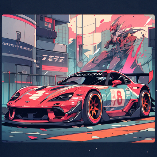 Post-apocalyptic sports car with detailed lines in an anime style.