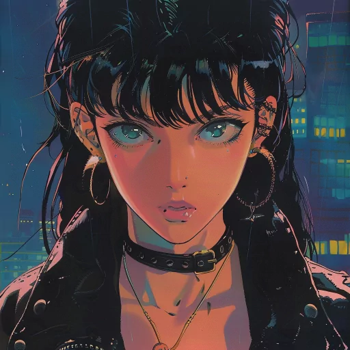 Cyberpunk-style avatar featuring a female character with striking blue eyes and futuristic attire against a neon-lit city backdrop.