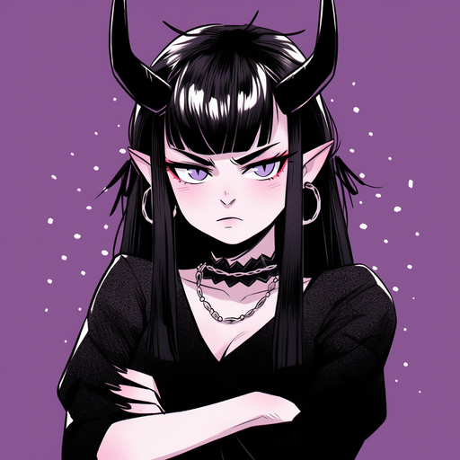 Serious and intimidating anime girl with horns.