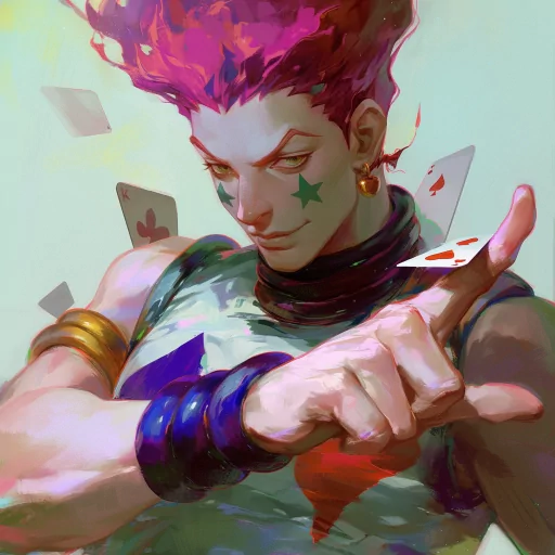 Illustration of a Hisoka avatar with purple hair and playing cards, used for profile picture or personal branding.
