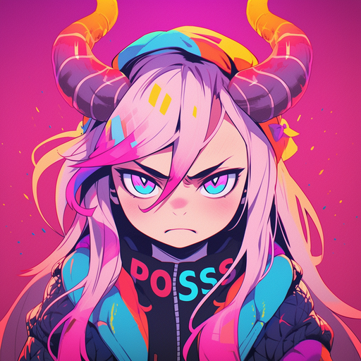 Anime girlboss with serious expression, horns, and an intimidating presence.