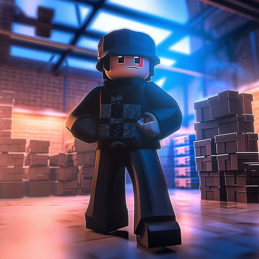 Stylish Roblox profile picture in a warehouse-themed photoshoot.