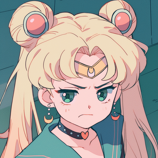 Sailor Moon with annoyed expression in 90s anime style, featuring muted colors.