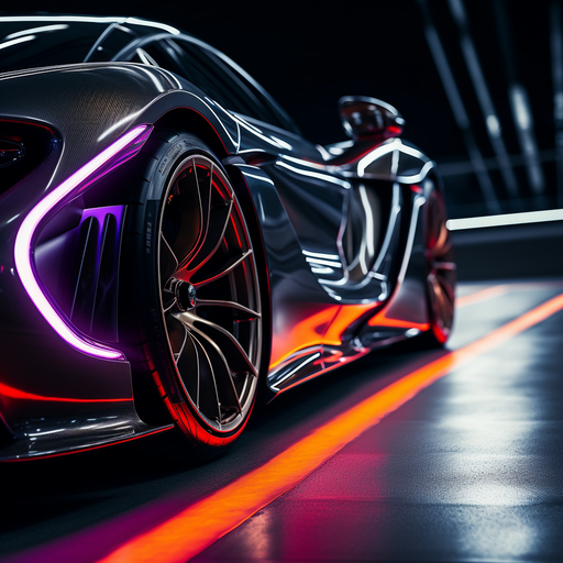 Closeup of a hypercar with vibrant light trails on an AMOLED background.