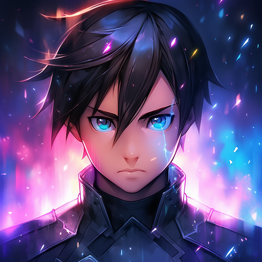 Serious, holographic portrait of Kirito from Sword Art Online anime.