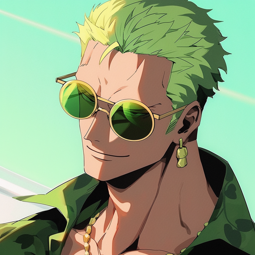 Zoro wearing sunglasses, looking calm and confident.