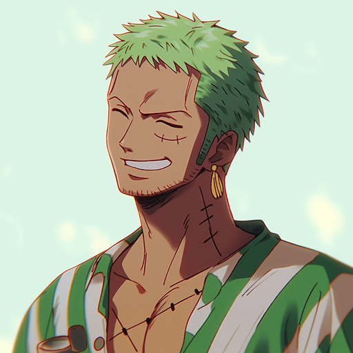 Smiling portrait of Zoro with a cute expression.