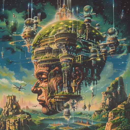 Sci-fi inspired avatar depicting a futuristic brain-like structure with intricate machinery, floating above a fantastical landscape.