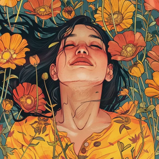 Illustrated profile picture of a smiling woman lying in a field of vibrant yellow flowers with her eyes closed, conveying a sense of peace and contentment.