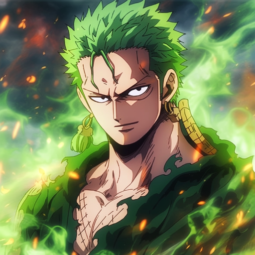 Zoro in epic fighting pose with fiery effects, in One Piece anime style.