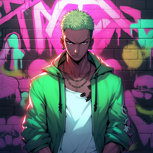Confident and serious Zoro with graffiti background.