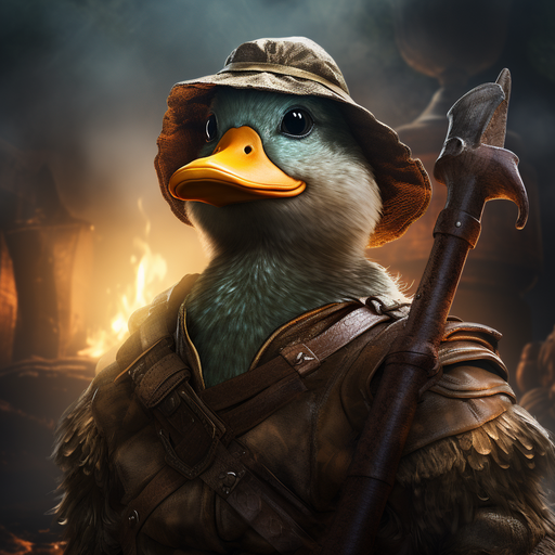 Fantasy adventurer duck with a sword.