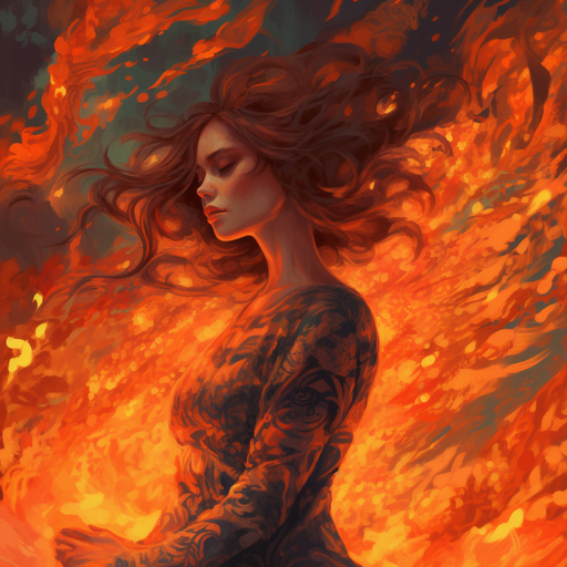 A portrait of a stylized girl with fiery energy.