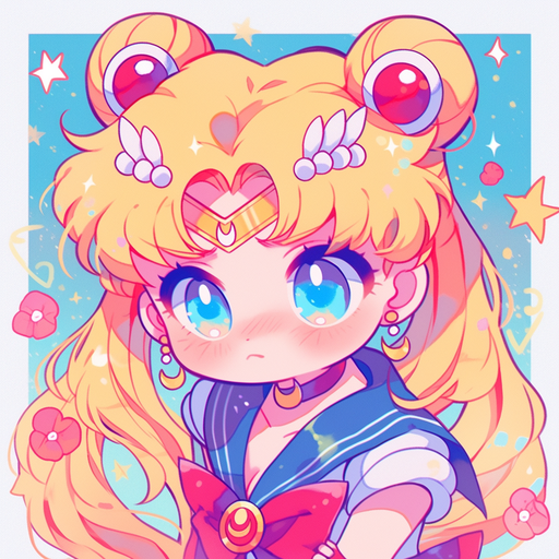 Colorful chibi anime-style portrait of Sailor Moon character, with a playful expression.