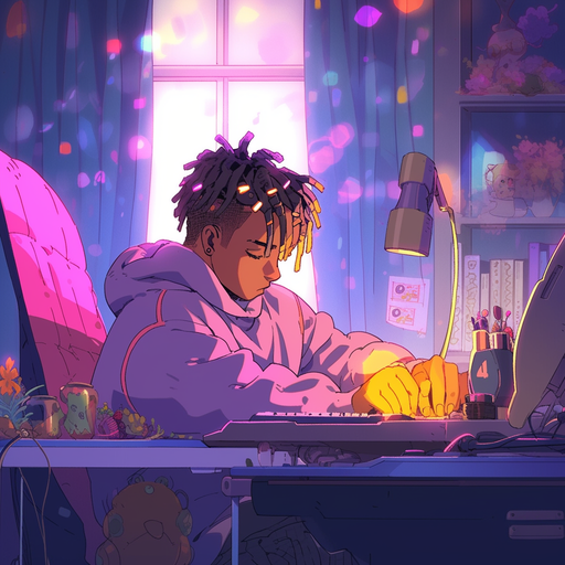 Juice Wrld immersed in lo-fi music with subtle colors.