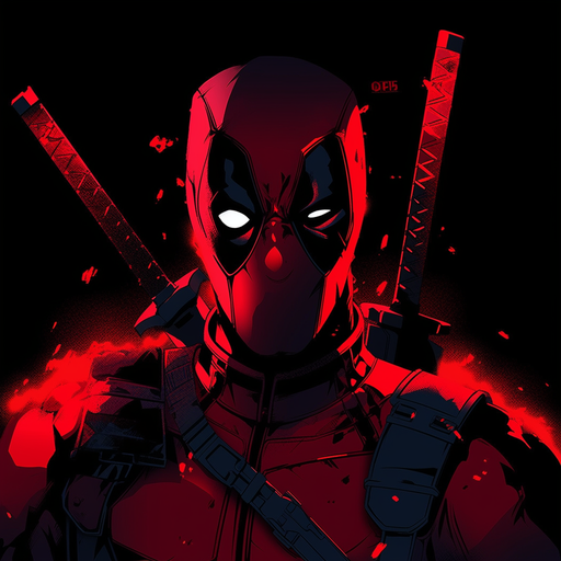Red silhouette of a masked character against a dark background.