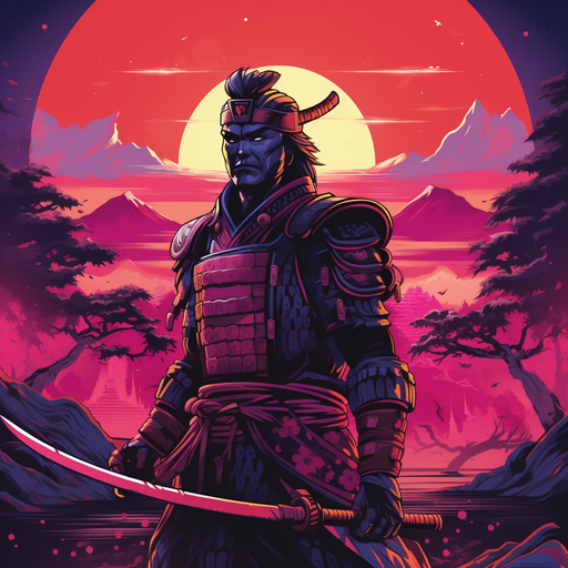 Retrowave samurai in cyberpunk art style.