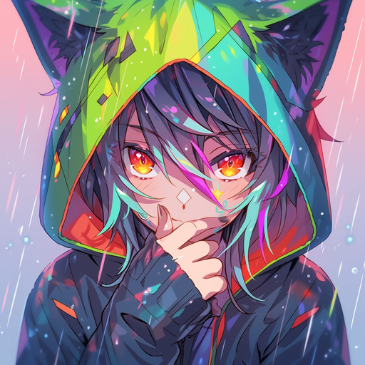Anime character with hand covering face. PFP with vibrant colors and unique style.
