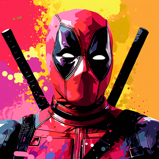 Colorful pop art-style portrayal of Deadpool, a fictional character with a red and black costume, holding a weapon.