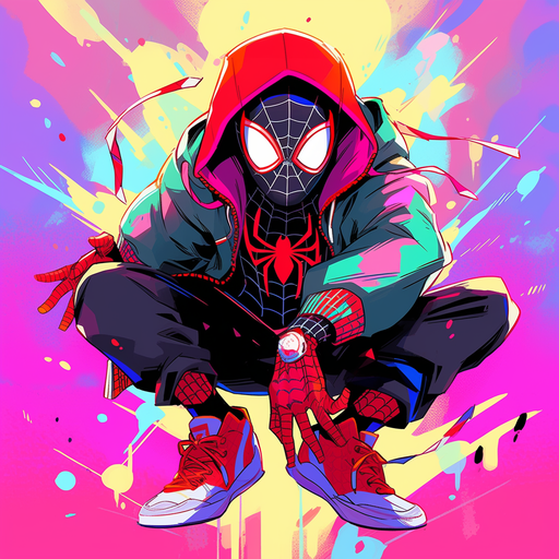 Miles Morales, the Spiderman, in vibrant pop art style against a colorful background.