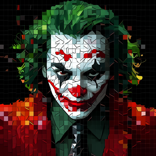 Colorful mosaic-style portrait of the Joker, featuring vibrant glass tiles.