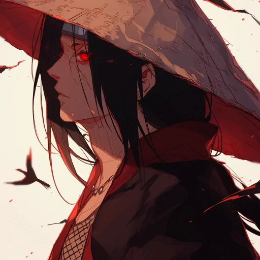 Stylized Itachi Uchiha avatar with red eyes and Akatsuki cloak, suitable for profile photo or PFP.