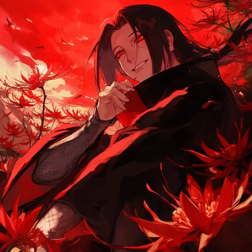 Itachi Uchiha avatar with a vibrant red background and crimson flowers, perfect for a profile picture or social media pfp.