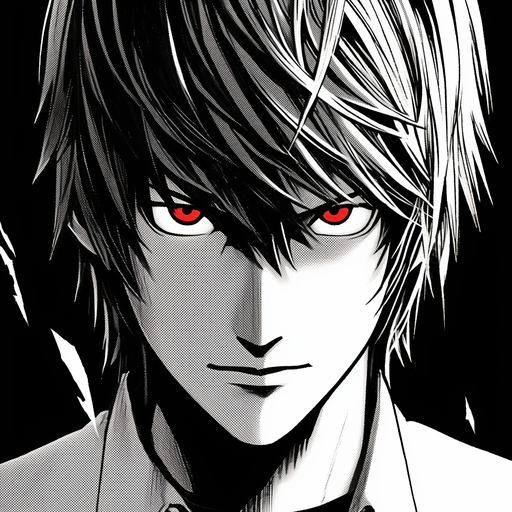 Serious-looking manga character, Light Yagami, in black and white.
