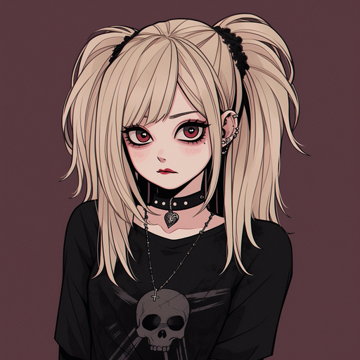 Gothic anime girl with dark hair and makeup, wearing a distressed outfit, standing against a grunge background.