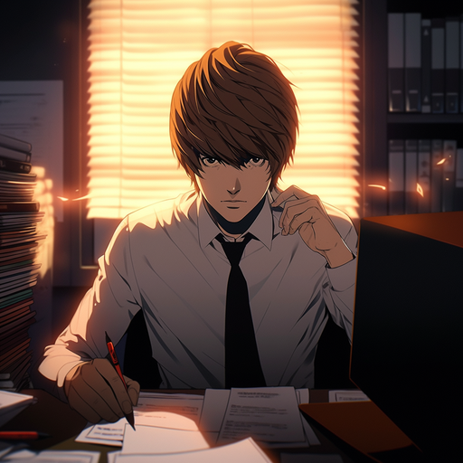 Light Yagami, the main character from Death Note anime, with a vibrant and intense presence.