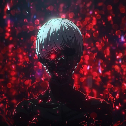 Avatar of a Tokyo Ghoul character with a red eye and white hair against a shimmering red background, ideal for profile photo use.