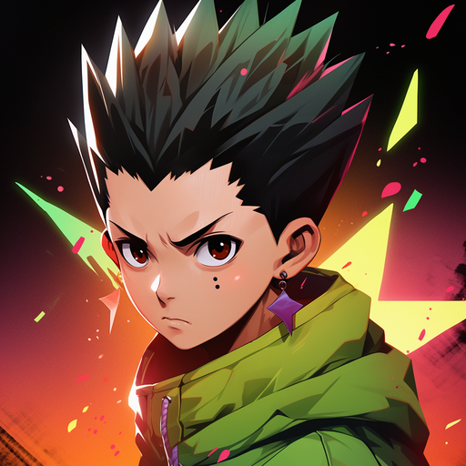 Confident, serious depiction of Gon Freecss, with graffiti-style background.
