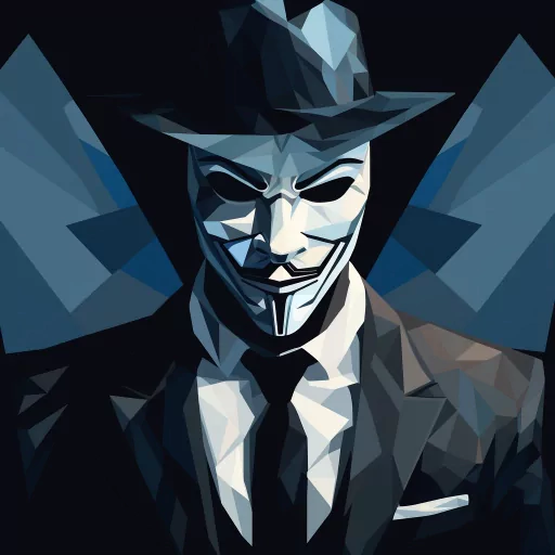 Abstract geometric anonymous avatar featuring a stylized figure in a suit and hat with a masked face, suitable for use as a profile picture.