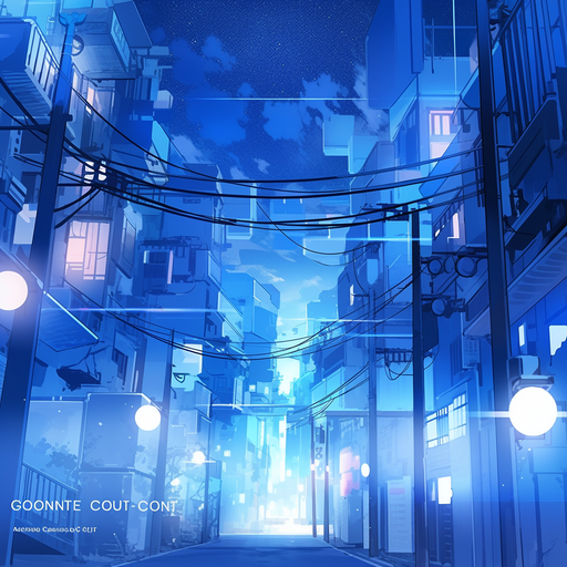 Anime cityscape with vibrant shades of blue, showcasing a futuristic urban environment.