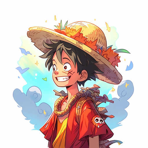 Smiling cartoon character with straw hat and lollipop sword, resembling Luffy from One Piece.