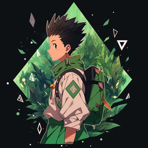 Gon Freecss, a character from Hunter x Hunter, with a Studio Ghibli-inspired style.