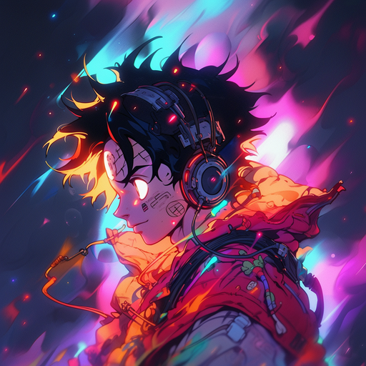 Futuristic depiction of Luffy, with vibrant colors and bold patterns.