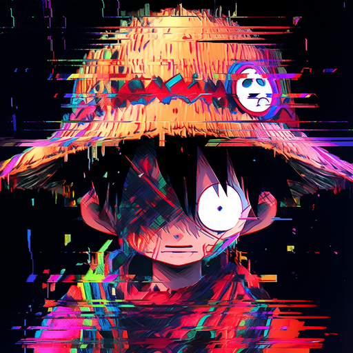 Colorful glitch art portrait of Luffy from One Piece