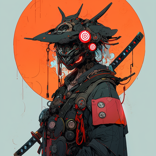 Samurai with cybernetic implants and futuristic gadgets in an artistic illustration.
