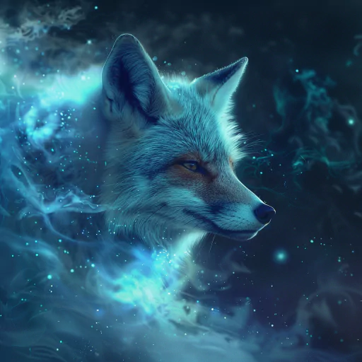 Digital artwork of a fox head surrounded by ethereal, blue and green wisps, resembling nebulae in space.