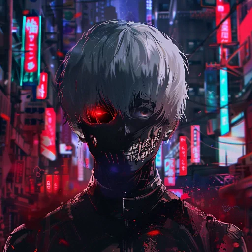Tokyo Ghoul-inspired avatar featuring a character with a red glowing eye and a mask set against a neon-lit city backdrop, perfect for a profile photo.